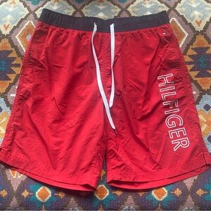 Vintage 90s Tommy Hilfiger Mens XL Spell Out Lined Nylon Shorts Swim Trunks Red